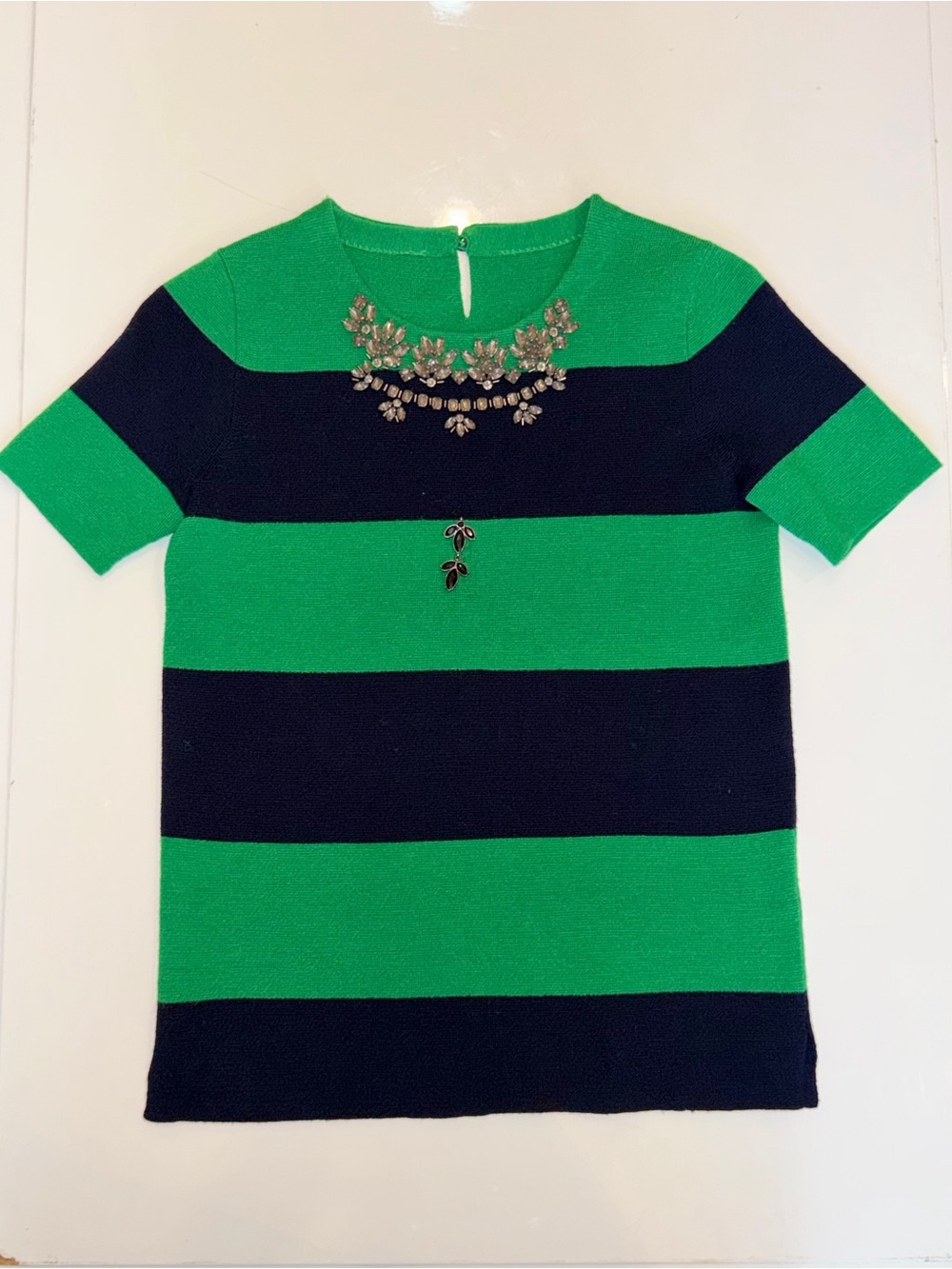 Girls' Green & Navy Striped Jewel-Accent Knit Top